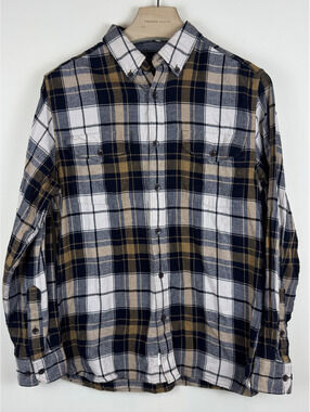 Woolrich Men's Organic Cotton Plaid Flannel Shirt Navy Tan Button Down M